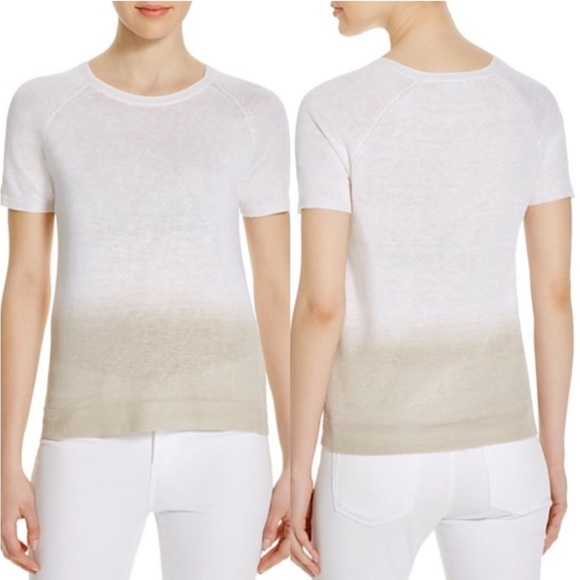 Theory Toraely Ombre Linen Short Sleeved Sweater, Medium, White and Beige - Picture 1 of 7
